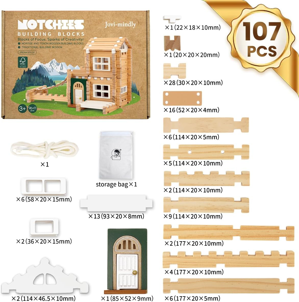 ＆Notchies 107 Pcs Wooden Blocks Toys with Door and Windows,Classic Old Fashioned Toys,Wooden Building Blocks for Kids Ages 4-8 Boys and Girls, (No Printed Manual)