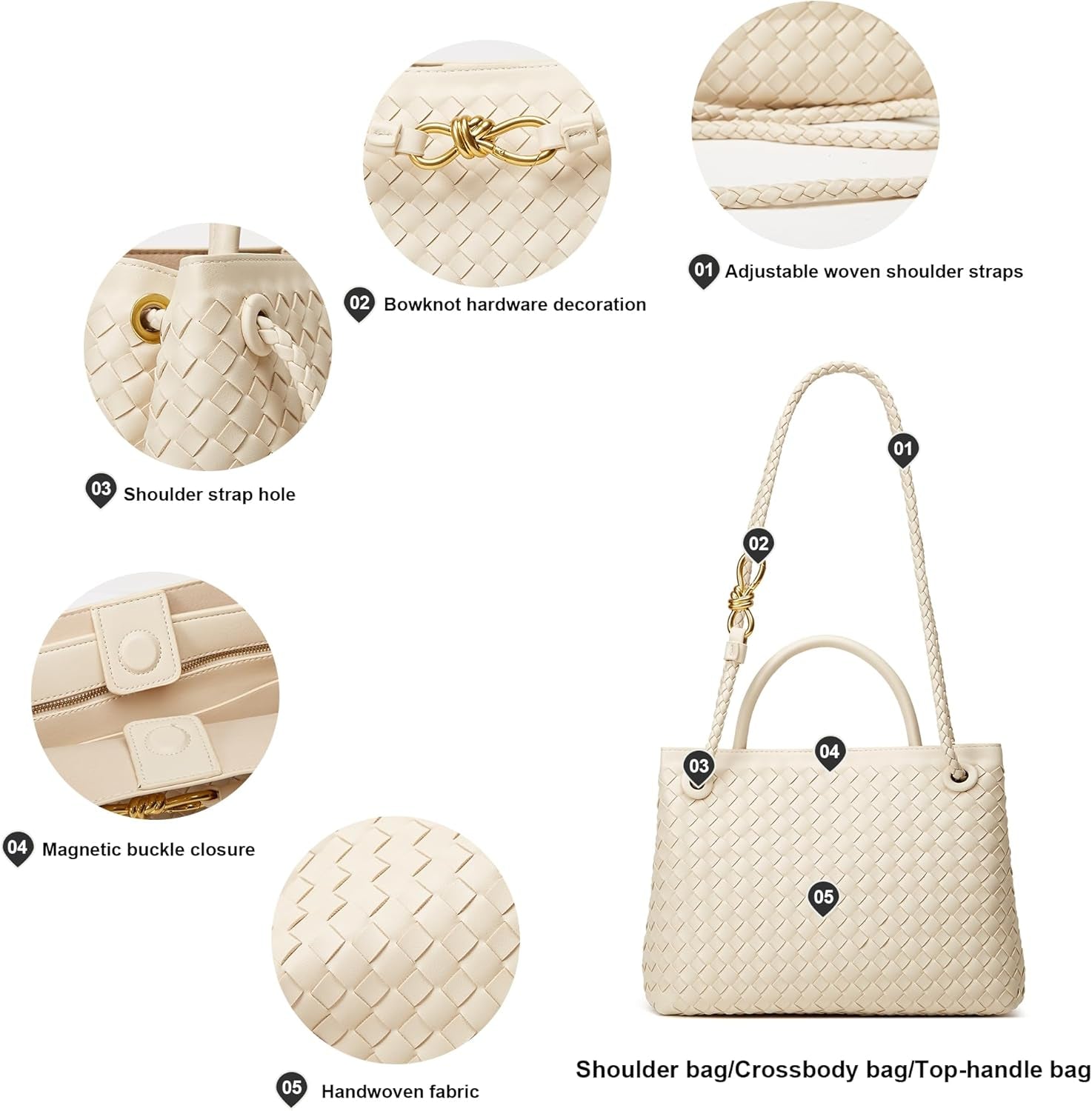 Woven Bag for Women Crossbody Handbag: Vegan Leather Small Tote Purse Trendy Shoulder Handbag Bowknot Satchel Purse