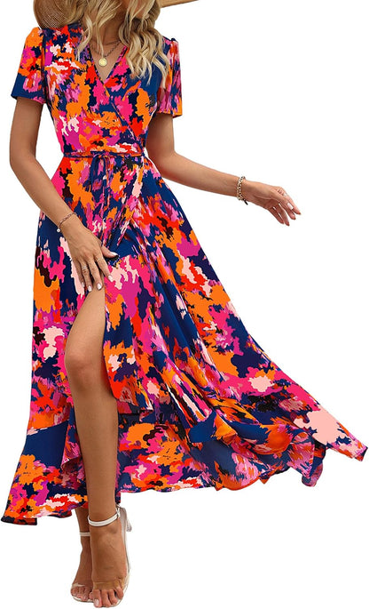 Women'S Boho Floral Maxi Dress Summer Short Sleeve Wrap V Neck Long Flowy Beach Vacation Wedding Guest Dresses