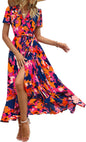 Women'S Boho Floral Maxi Dress Summer Short Sleeve Wrap V Neck Long Flowy Beach Vacation Wedding Guest Dresses