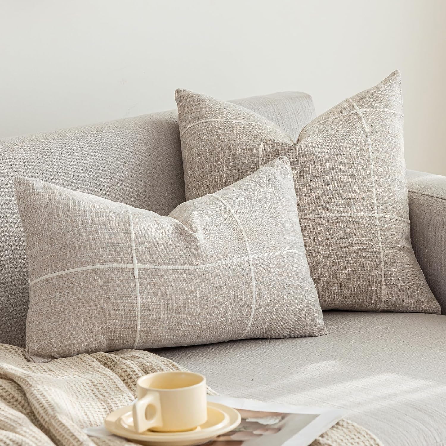 Rustic Lattice Cotton Linen Decorative Throw Pillow Cover Embroidery Square Cushion Cover Pillowcase for Sofa Bedroom Couch (Plaid Coffee,24"X24")