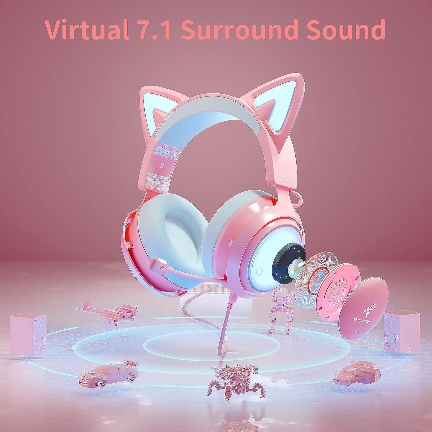 Pink Gaming Headset GS510, Wired, over Ear, Cat Ear Design with RGB Lighting, 7.1 Surround Sound, Retractable Mic, Compatible with PC, PS4, PS5
