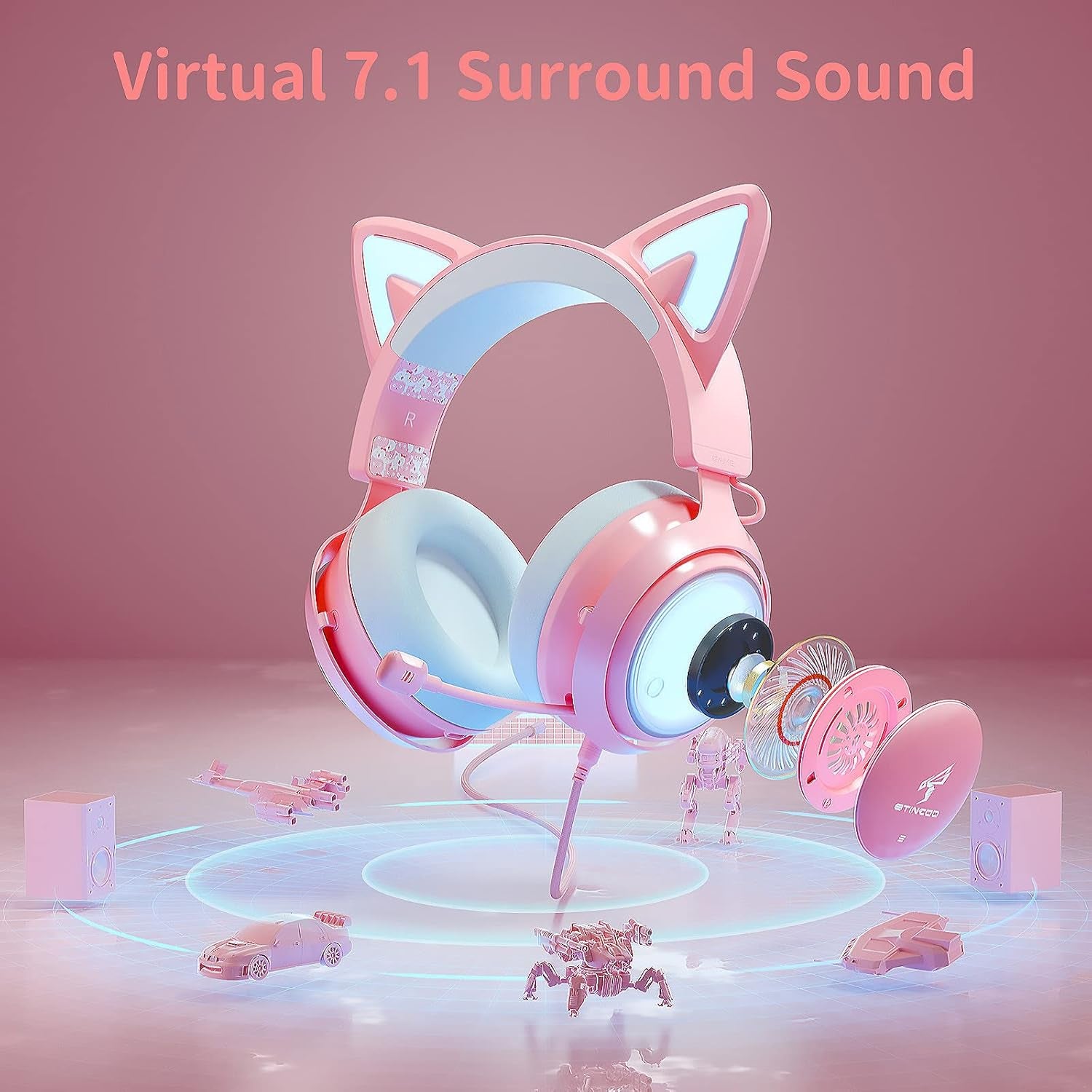 Pink Gaming Headset GS510, Wired, over Ear, Cat Ear Design with RGB Lighting, 7.1 Surround Sound, Retractable Mic, Compatible with PC, PS4, PS5