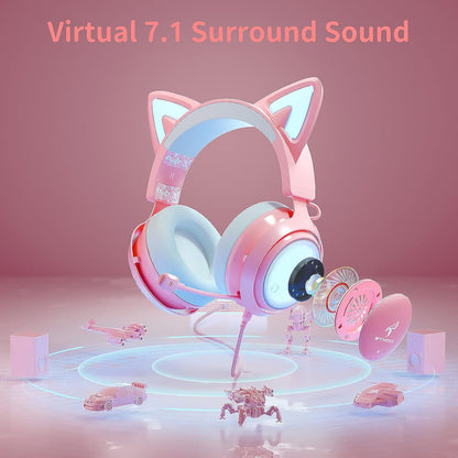 Pink Gaming Headset GS510, Wired, over Ear, Cat Ear Design with RGB Lighting, 7.1 Surround Sound, Retractable Mic, Compatible with PC, PS4, PS5