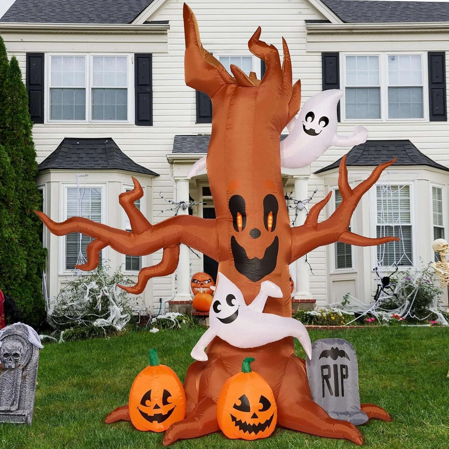 8 FT Halloween Inflatables Spooky Tree with Ghost,Pumpkin & Tombstone Tree Blow up Decor with Built-In LED Lights for Yard,Lawn,Garden,Party,Holiday Outdoor Decorations