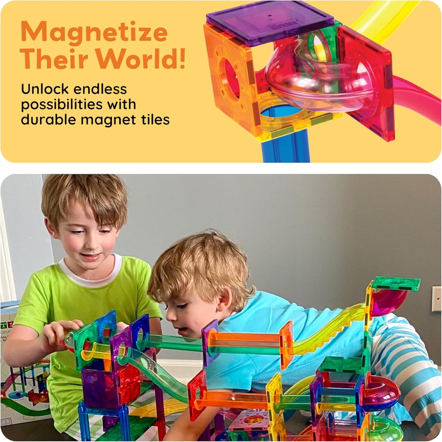 100Pc Magnetic Marble Run Set with Racing Track Tiles Funnels Curved Slopes and Steel Balls for Kids STEM Construction Indoor Learning Toy That Promotes Focus and Problem Solving PTG100
