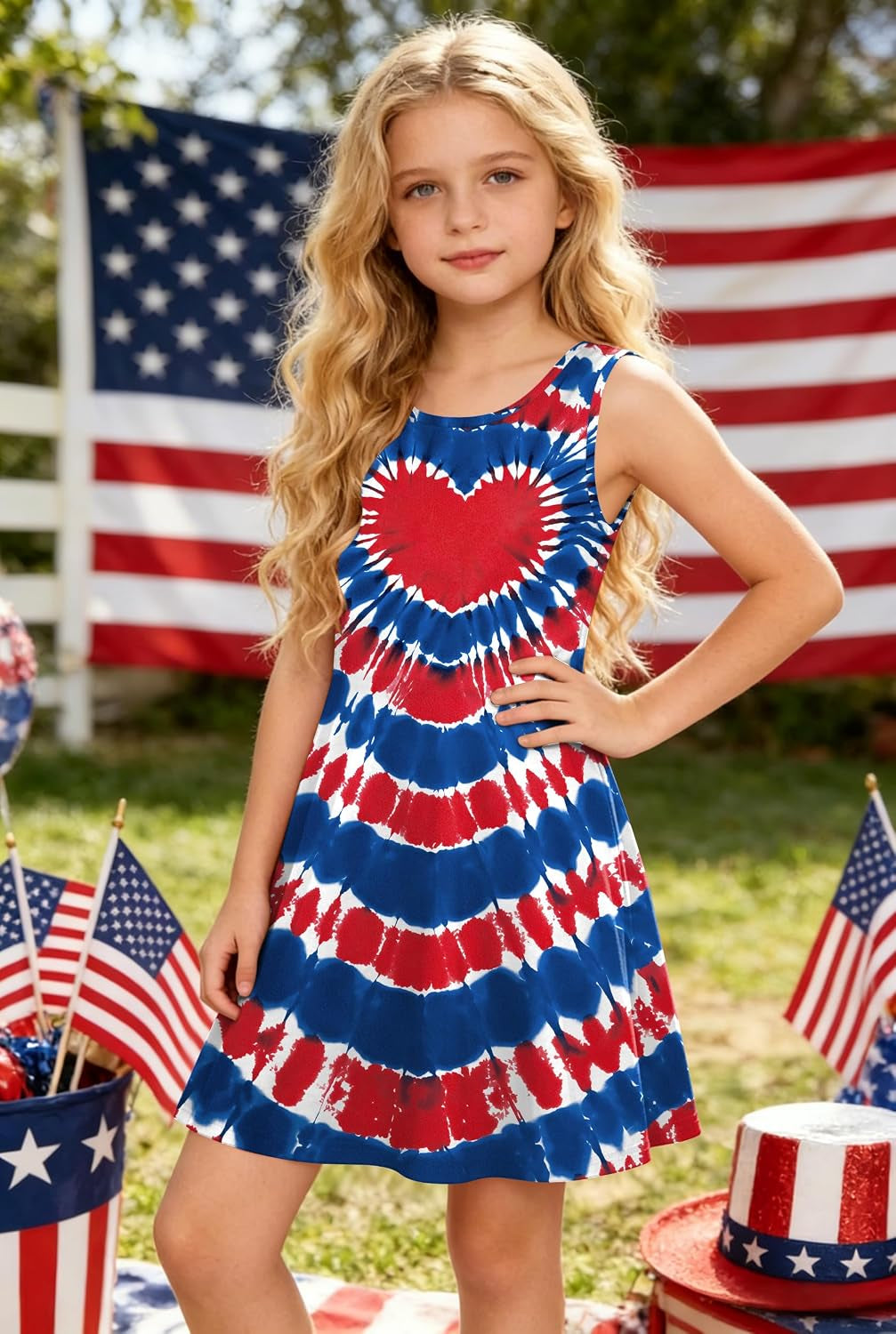 Girls 4Th of July Dress: Red White and Blue Dresses Kids Girls a Line Sleeveless Sundress 5-12 Years