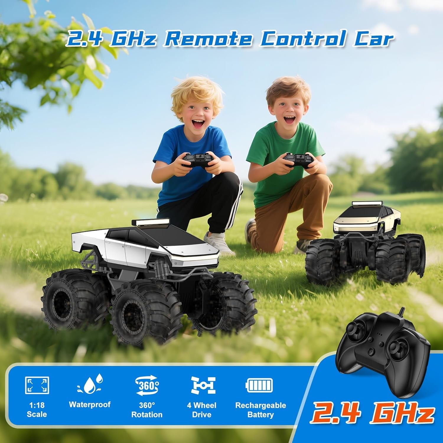 Amphibious Remote Control Car, 1:18 Monster Truck Toys for Boys RC Cars, 2.4 Ghz Waterproof RC Trucks, 4WD All Terrain Off-Road Pickup, Kids Christmas Birthday Gifts Present Boys Girls Toys Ages 6+