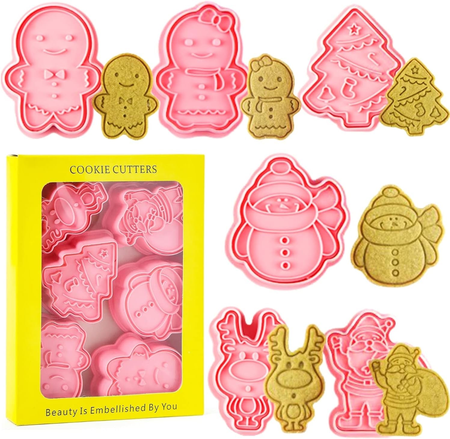 Christmas Cookie Cutter Set, 6Pcs 3D Pressable Christmas Biscuit Cutters Set - Gingerbread Man, Christmas Tree, Snowman,Embossed Stamped Pastry Cutters, for Kitchen Bakeware