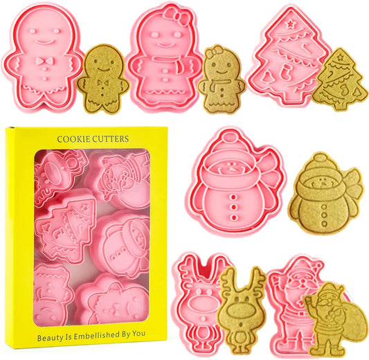 Christmas Cookie Cutter Set, 6Pcs 3D Pressable Christmas Biscuit Cutters Set - Gingerbread Man, Christmas Tree, Snowman,Embossed Stamped Pastry Cutters, for Kitchen Bakeware