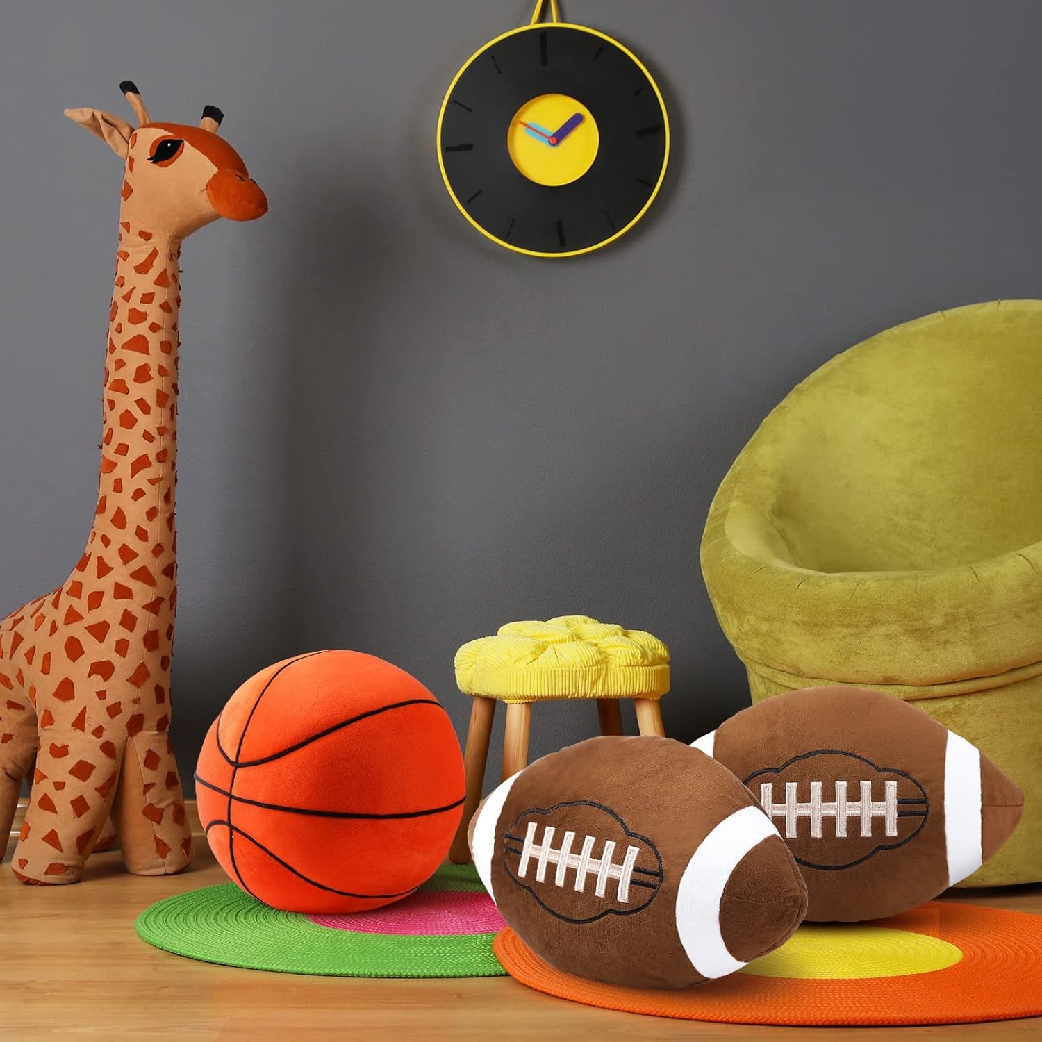 2 Pcs Plush Football Pillows Fluffy Soft Stuffed Sports Throw Pillows Cute Football Shaped Cushions for Bedroom Nursery Room Decoration