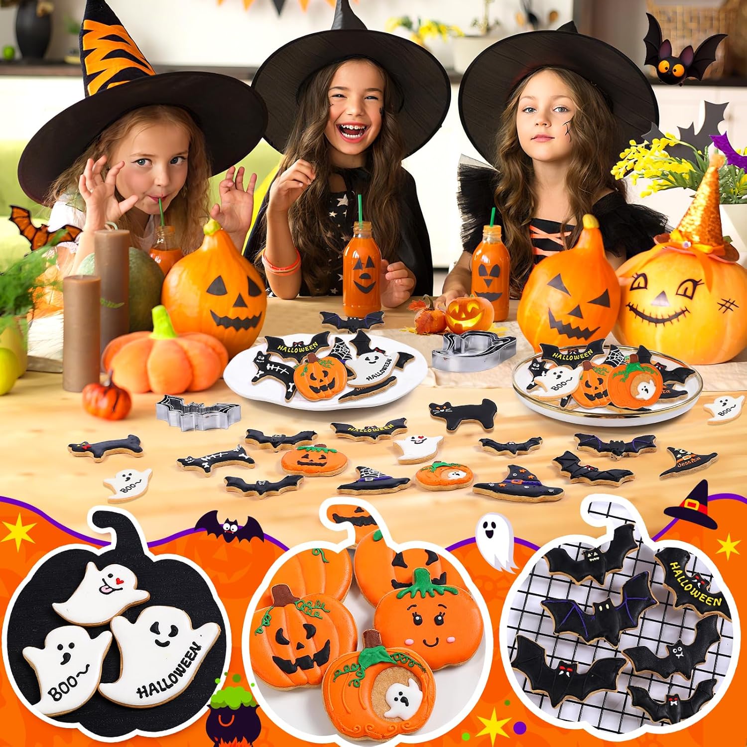 Halloween Cookie Cutters Set - 15 Pcs Stainless Steel Holiday Cookie Cutter with 5 Shapes - Pumpkin, Ghost, Bat, Cat and Witch'S Hat Cookie Molds for Halloween Food Party Decorations