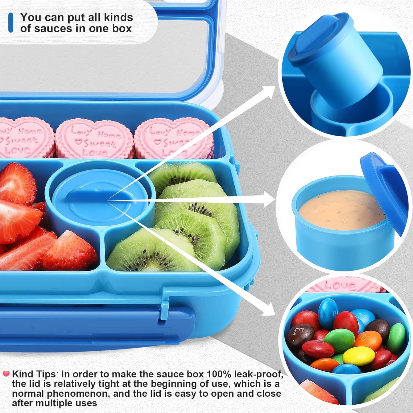 Bento Box Adult Lunch Box Kids,Lunch Containers for Adults/Kids/Toddler,5 Compartments Bento Lunch Box with Sauce Vontainers,Microwave & Dishwasher & Freezer Safe,Bpa-Free(Blue)