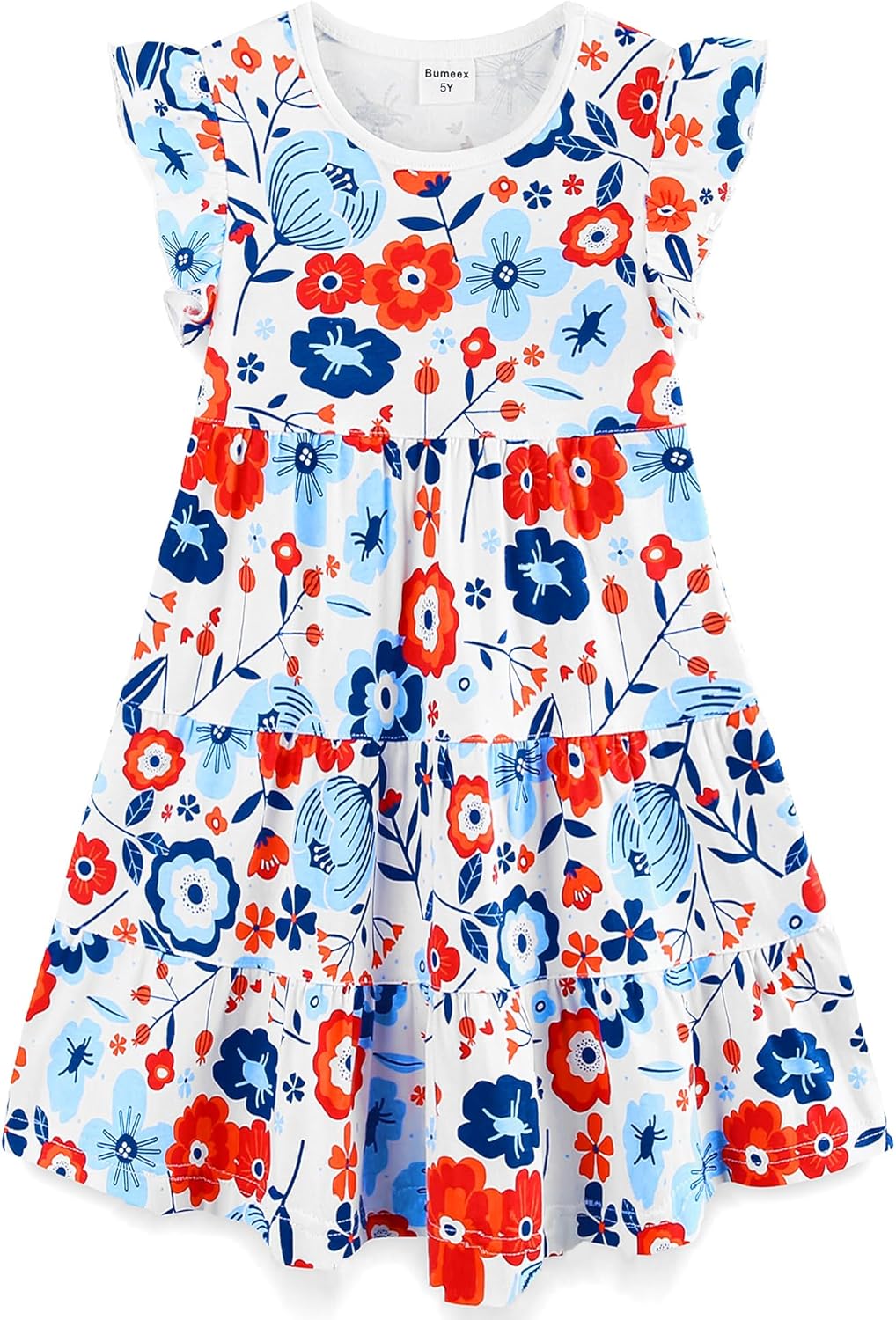 Cotton Ruffle Sleeve Tiered Swing A-Line Midi Dress for Girls Fourth Of July Colors