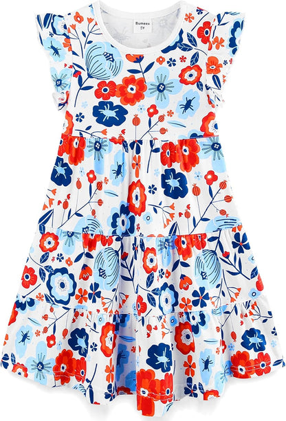 Cotton Ruffle Sleeve Tiered Swing A-Line Midi Dress for Girls Fourth Of July Colors