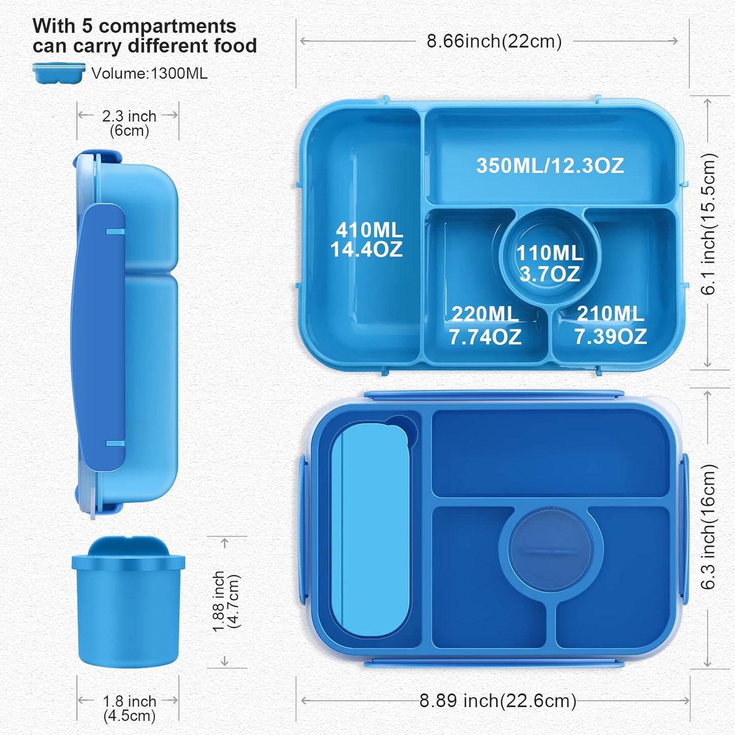 Bento Box Adult Lunch Box Kids,Lunch Containers for Adults/Kids/Toddler,5 Compartments Bento Lunch Box with Sauce Vontainers,Microwave & Dishwasher & Freezer Safe,Bpa-Free(Blue)
