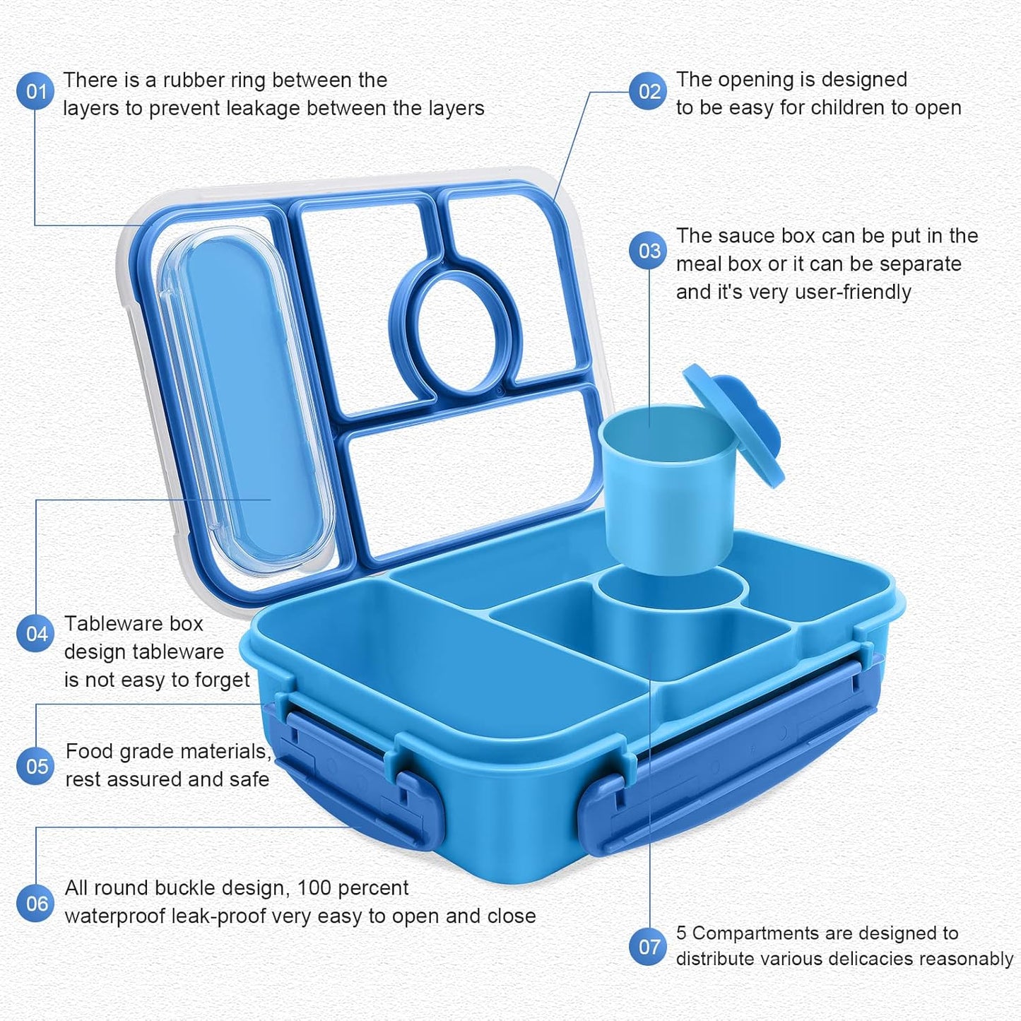 Bento Box Adult Lunch Box Kids,Lunch Containers for Adults/Kids/Toddler,5 Compartments Bento Lunch Box with Sauce Vontainers,Microwave & Dishwasher & Freezer Safe,Bpa-Free(Blue)