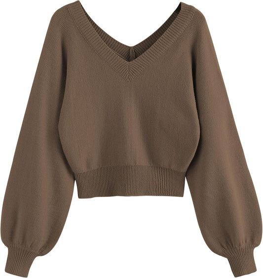 Women'S Cropped Sweater V-Neck Long Sleeve Crop Sweater Pullover Jumper Knit Top