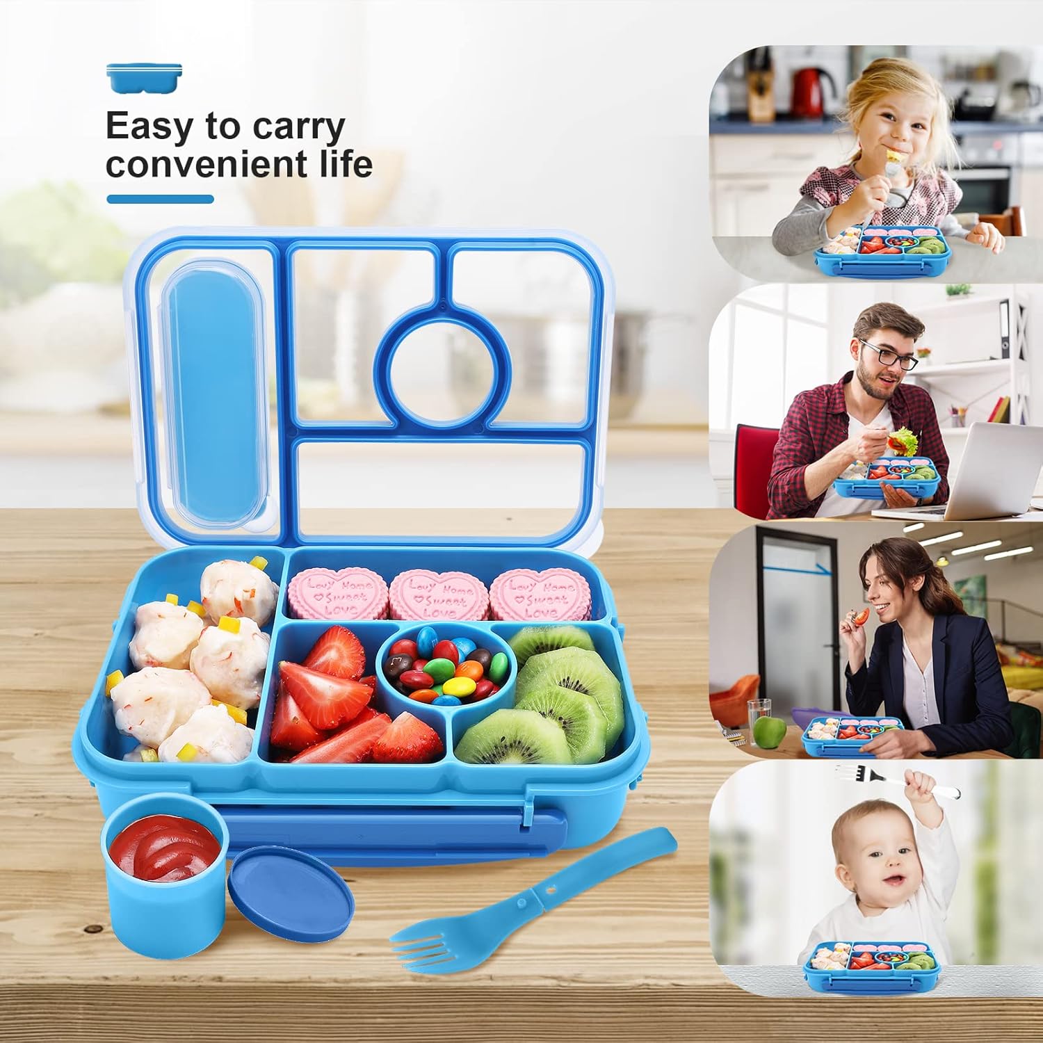 Bento Box Adult Lunch Box Kids,Lunch Containers for Adults/Kids/Toddler,5 Compartments Bento Lunch Box with Sauce Vontainers,Microwave & Dishwasher & Freezer Safe,Bpa-Free(Blue)
