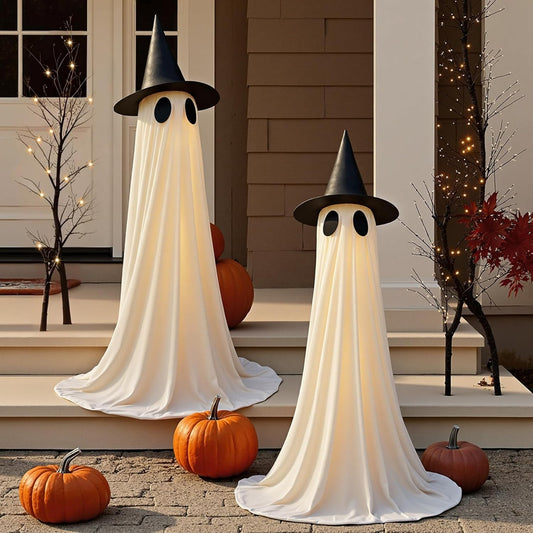 2 Packs Halloween Decorations Outdoor, 5Ft Wind-Resistant Ghost Decor with USB String Lights, Scary Door Decoration outside Garden Lawn