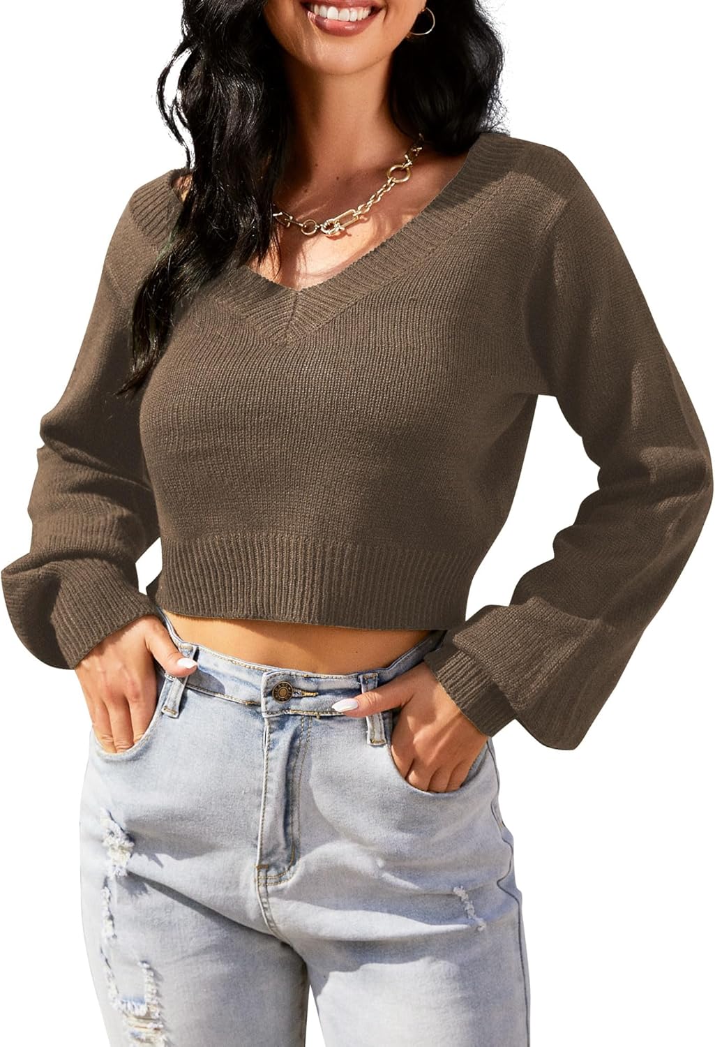 Women'S Cropped Sweater V-Neck Long Sleeve Crop Sweater Pullover Jumper Knit Top