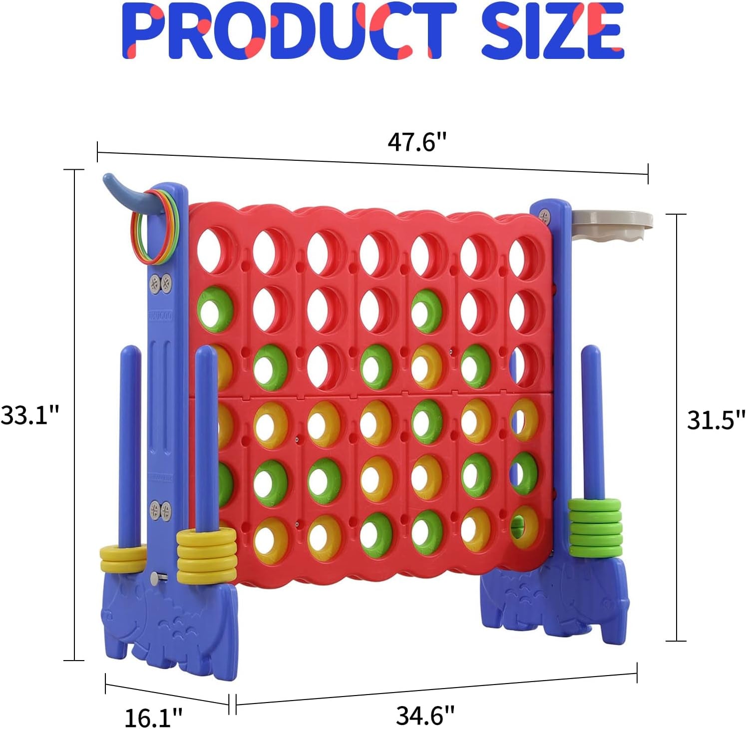 Giant 4-In-A-Row Game with Carry Bag, 3-In-1 Jumbo 4-To-Score Outdoor Yard Game with Basketball Hoop, Ring Toss, Quick-Release Slider, 42 Rings, Family Party Game for Kids & Adults