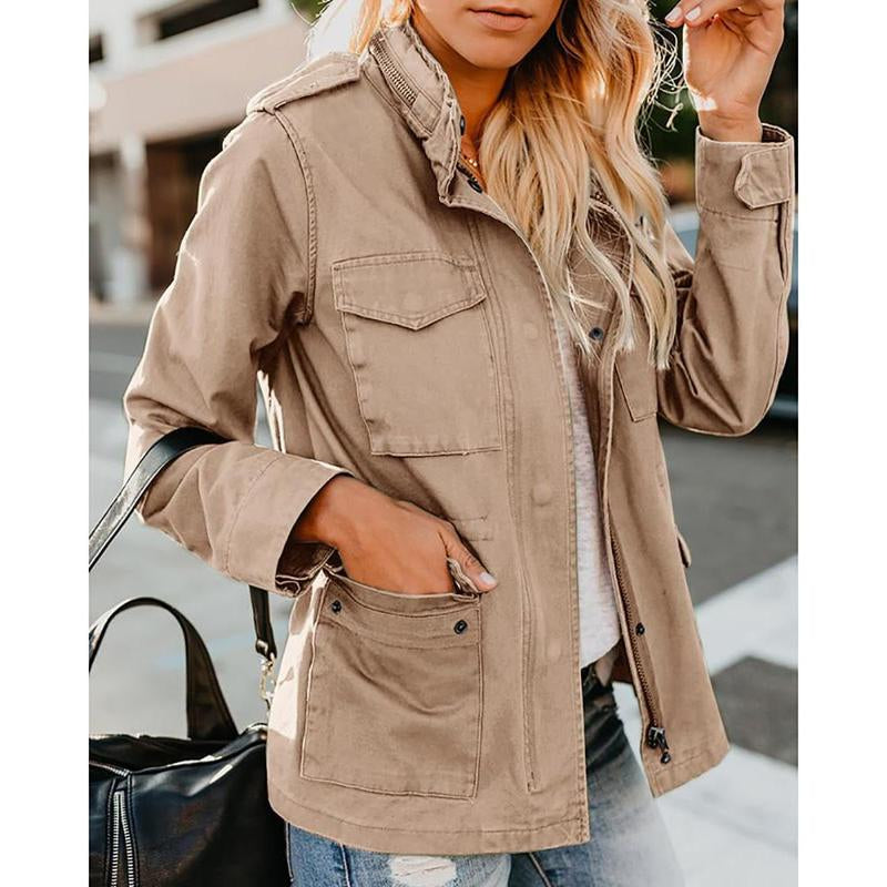 Yousify Womens Military Jacket Zip up Snap Buttons Lightweight Utility Anorak Field Safari Coat Outwear with Pocket