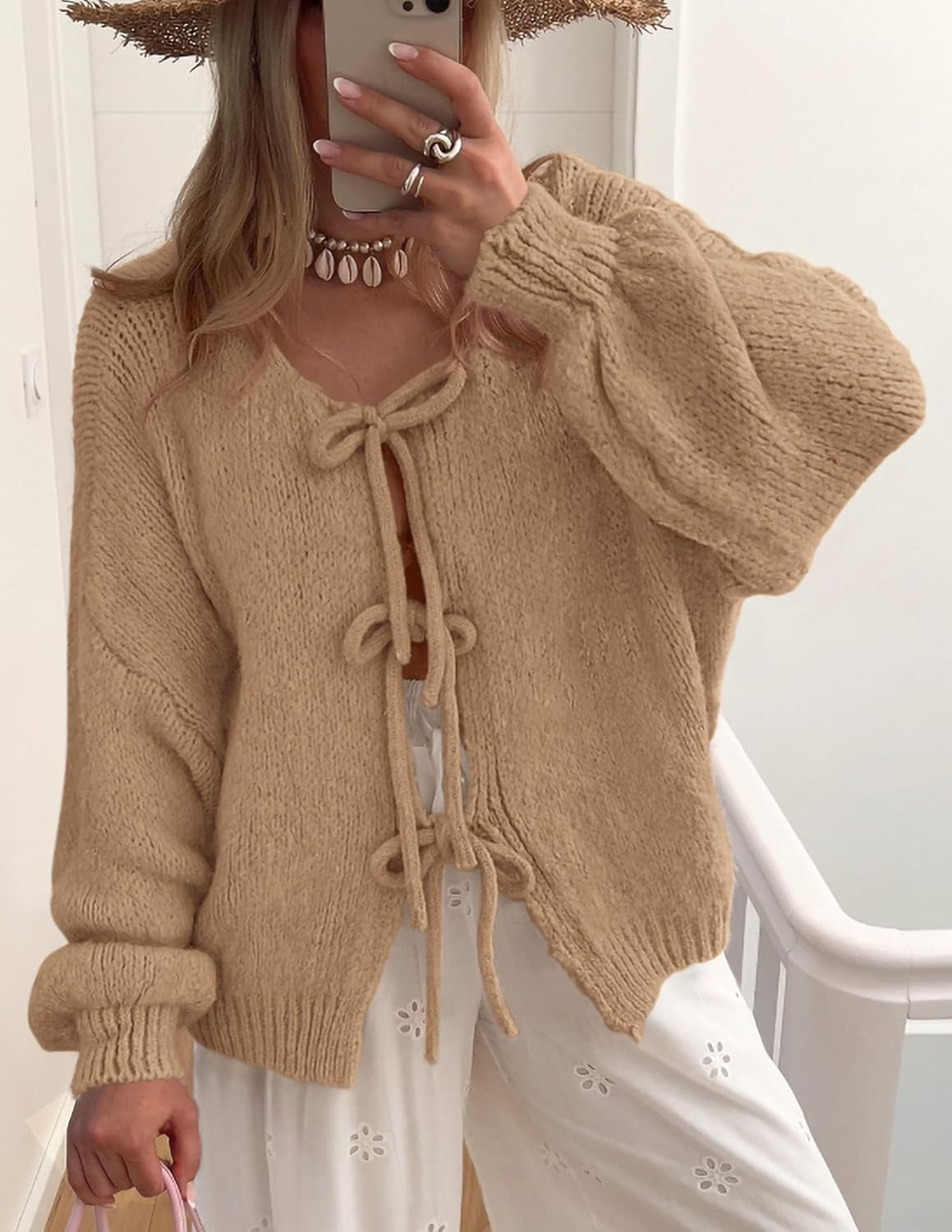 Women'S Tie Front Bow Cardigan Sweaters Chunky Knit Long Puff Sleeve Trendy Fall Winter Jacket Coats