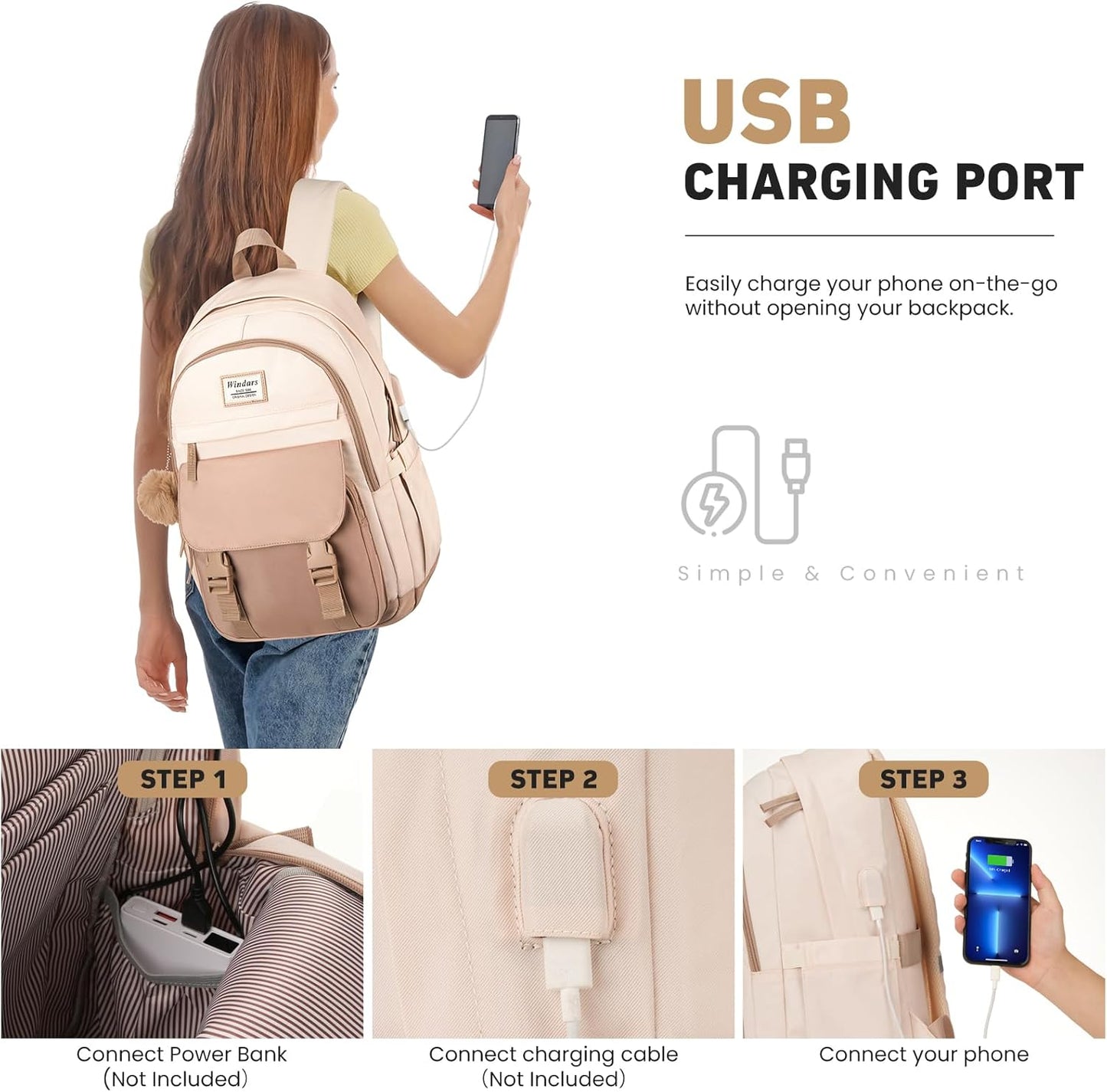 School Backpack for Teen Girls, Cute College Backpacks for Women Students Aesthetic Bookbag Large 15.6 Inch Laptop Bag Middle School Travel Back Pack (Khaki Beige)