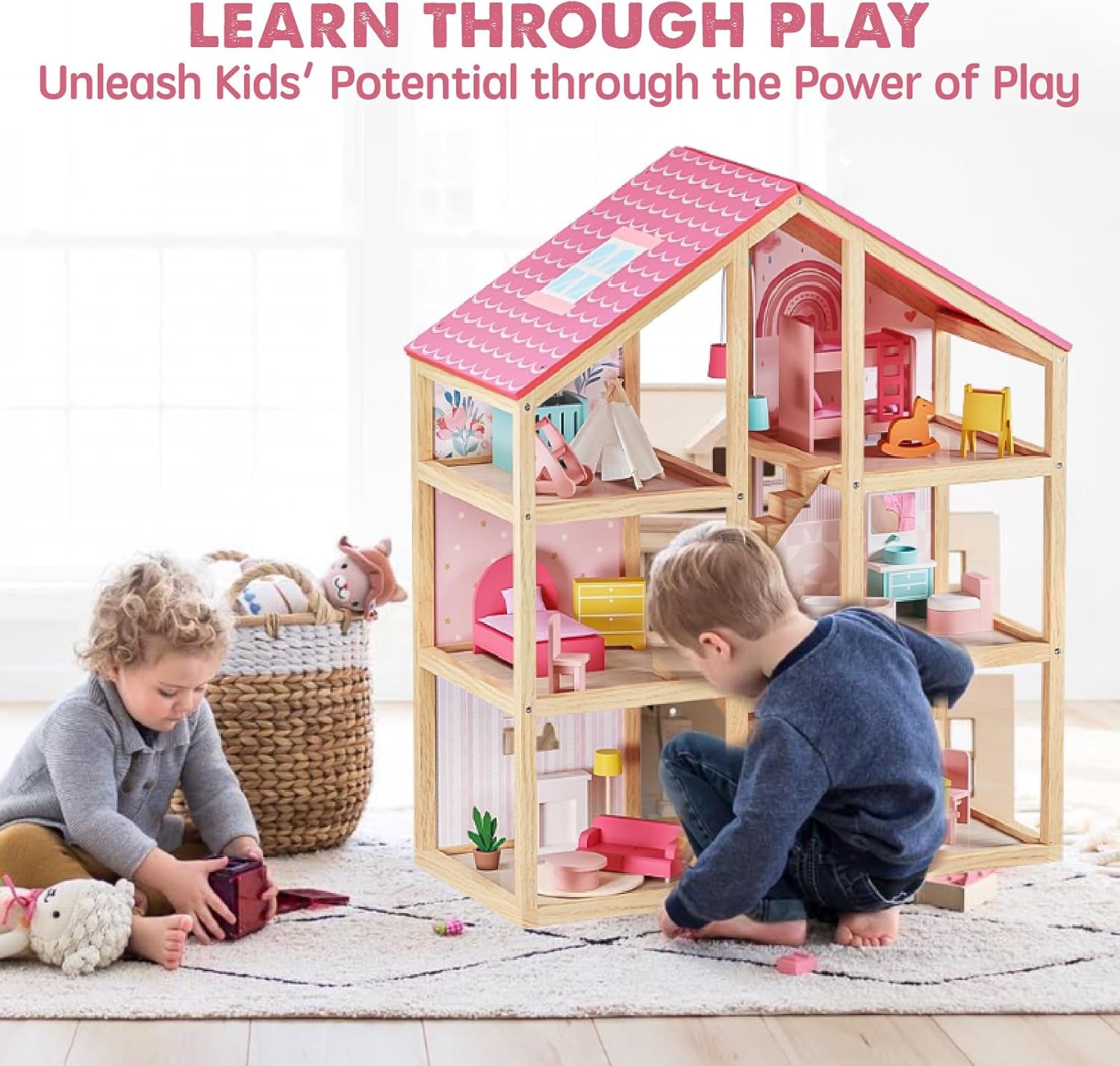 Wooden Dollhouse for Girls - 6 Rooms Wooden Doll House, DIY Pretend Doll House with 31Pcs Furniture Accessories, Creative Gift for Girl Ages 3+