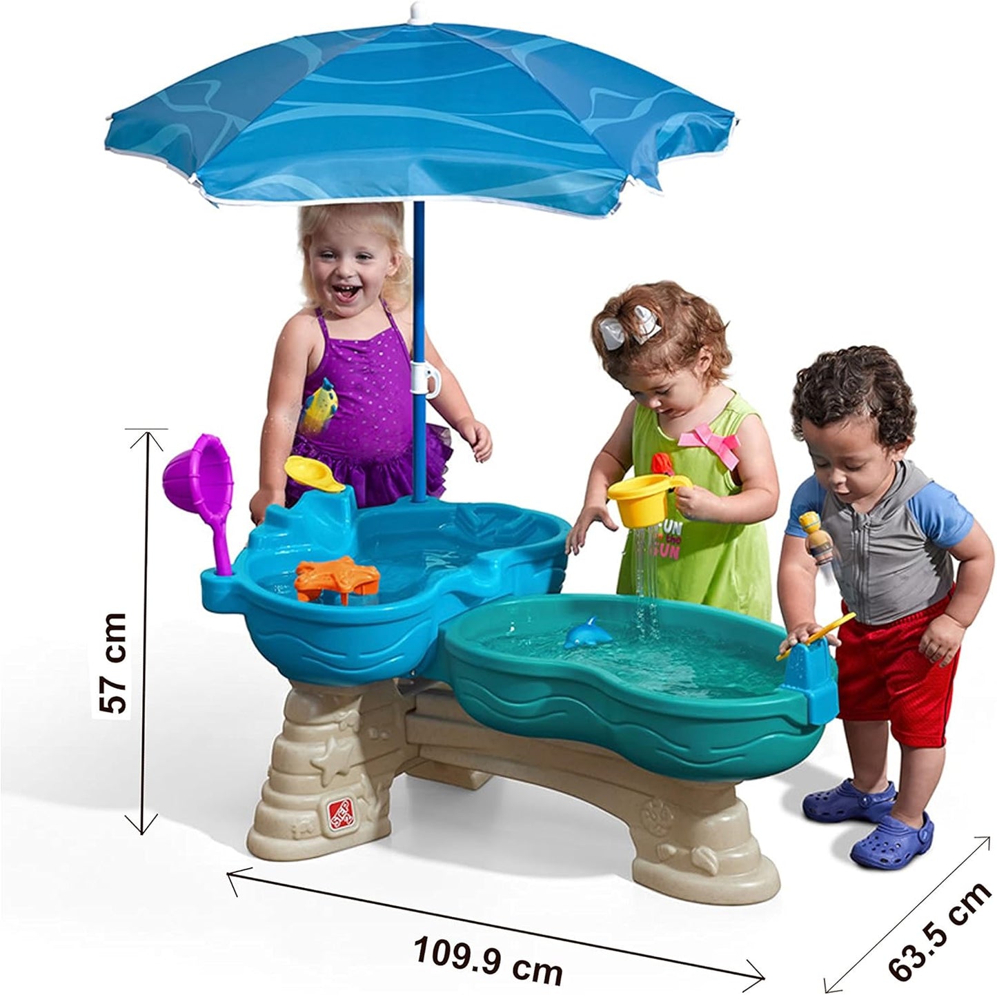 Step 2 Spill & Splash Seaway Water Table for Kids, Two-Tier Outdoor Kids Water Sensory Table with Umbrella, Ages 1.5+ Years Old, 11 Piece Water Toy Accessories