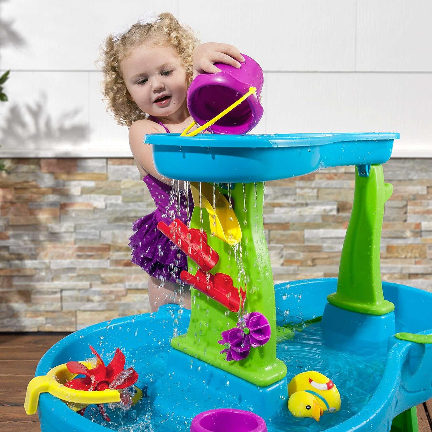 Rain Showers Splash Pond Water Table, Kids Water and Sand Activity Sensory Playset, Summer Outdoor Toys, 13 Piece Water Toy Accessories, for Toddlers 1.5+ Years Old, Blue & Green