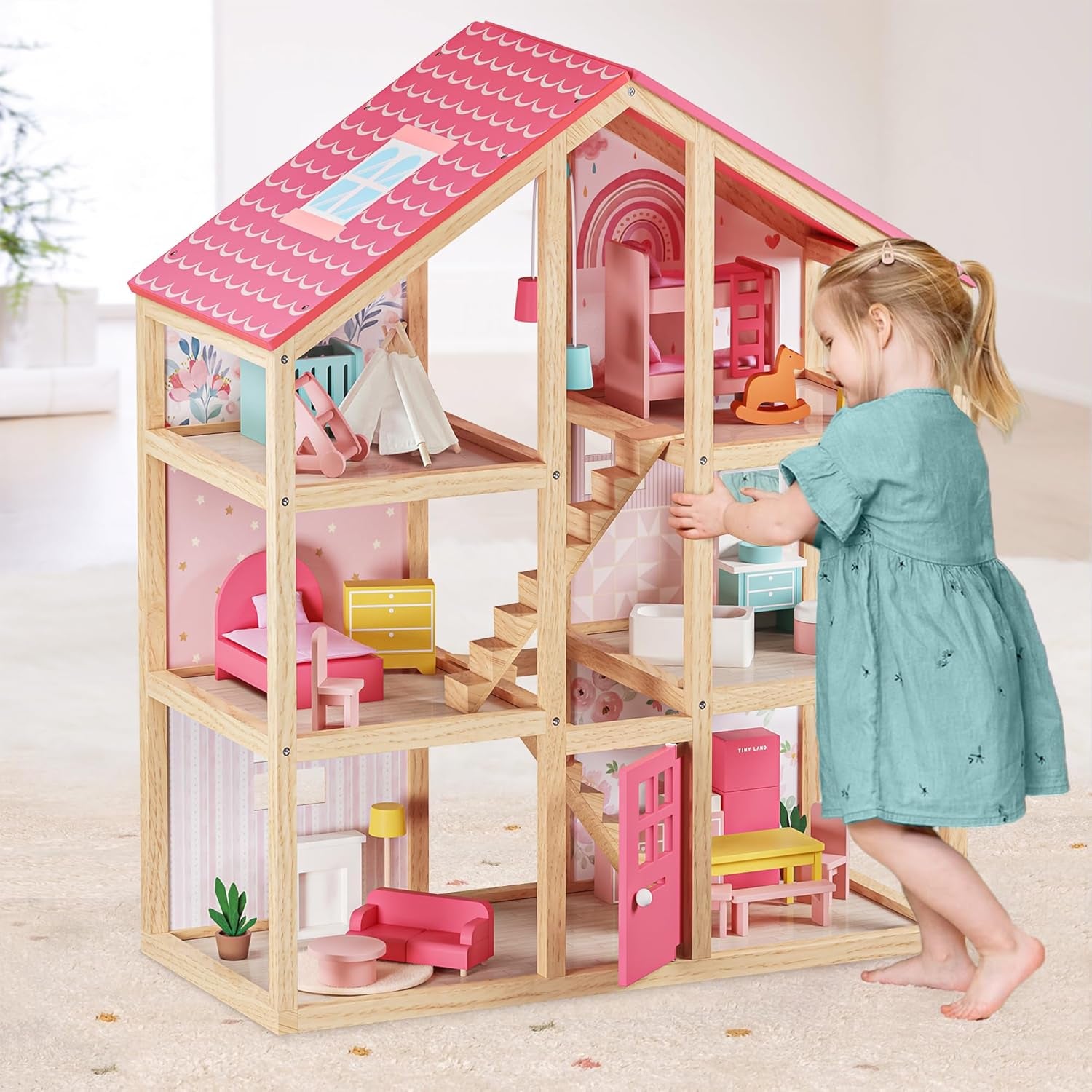 Wooden Dollhouse for Girls - 6 Rooms Wooden Doll House, DIY Pretend Doll House with 31Pcs Furniture Accessories, Creative Gift for Girl Ages 3+