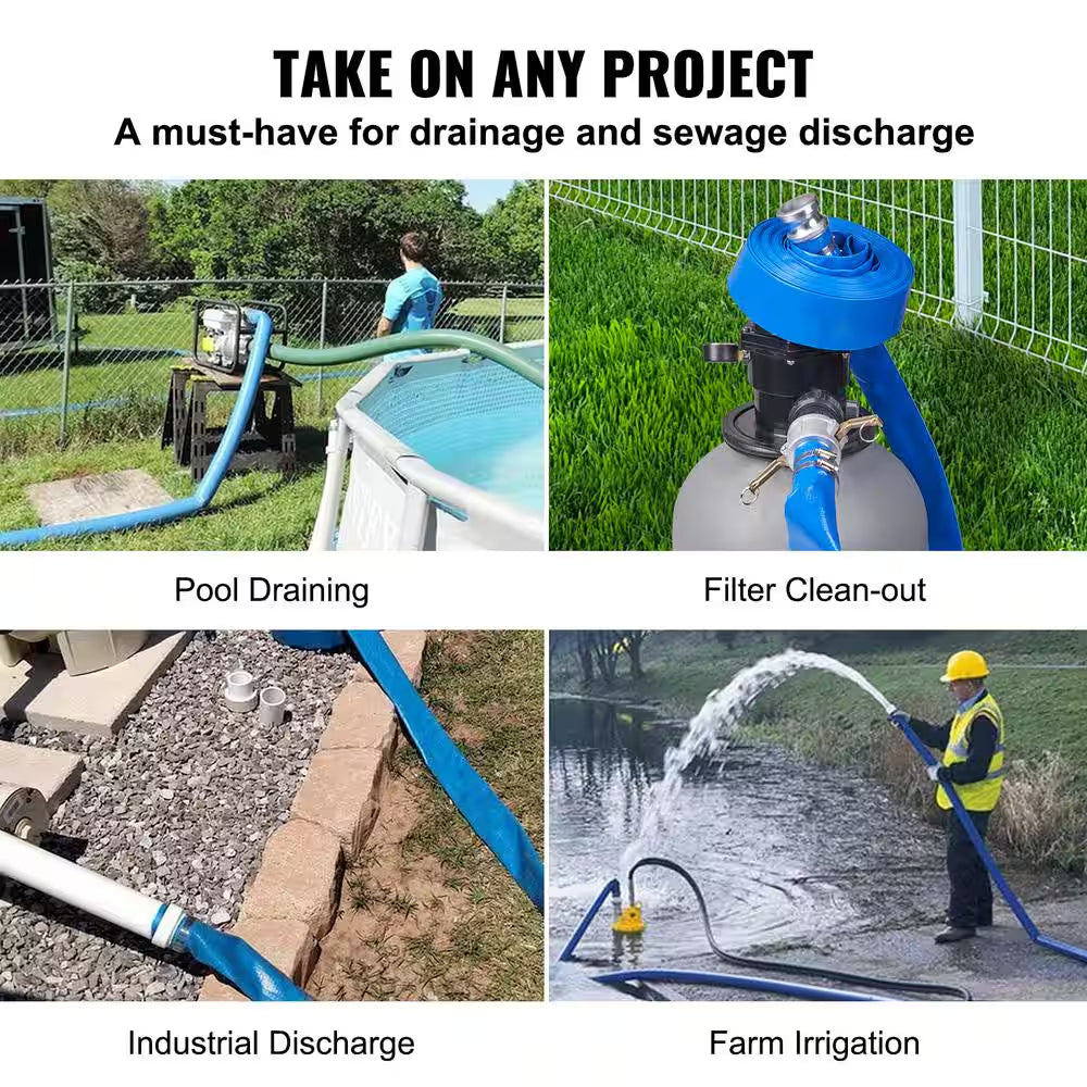 Backwash Hose 50 Ft. X 2 In. PVC Flat Discharge Hose with Aluminum Camlock C and E Fittings Clamps for Pump Sand Filter