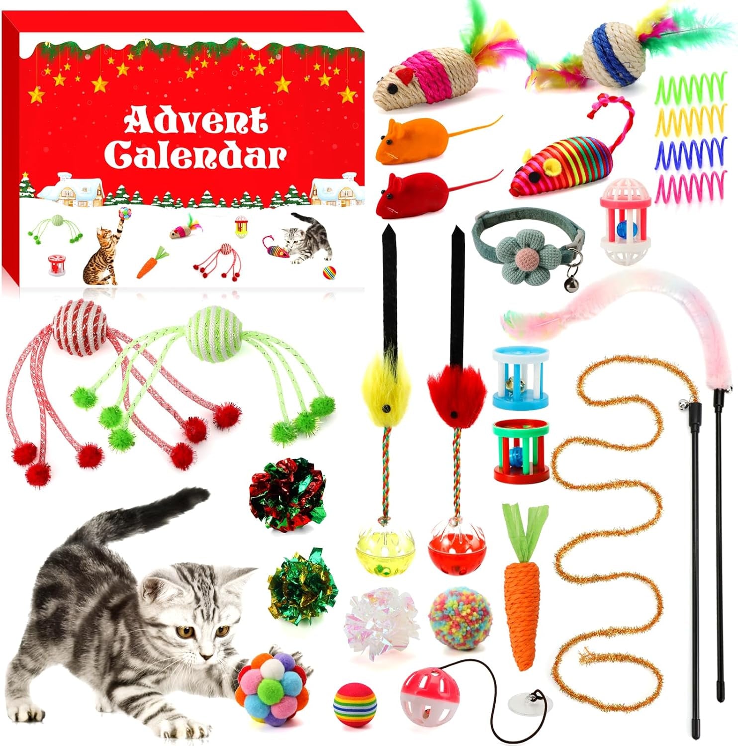 Cat Advent Calendar 2025, 24 Days Christmas Countdown Calendar with Assorted Interactive Cat Toys for Indoor Kitten Cats Pet Surprise Xmas Gifts for Cat Lovers Women