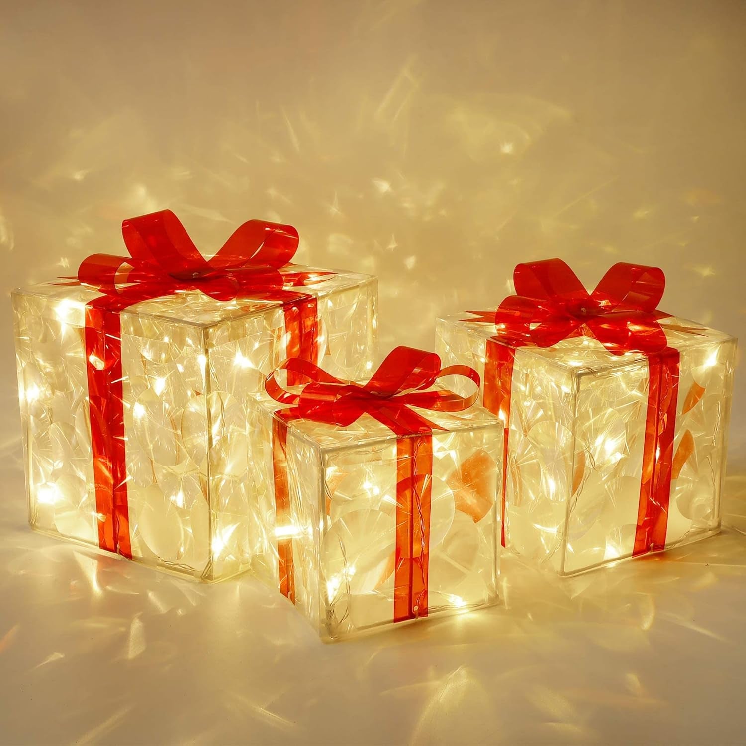 Christmas Lighted Boxes, Set of 3 60 LED Light up Decor Outdoor, Light up Christmas Boxes Present Decorations Outdoor Yard