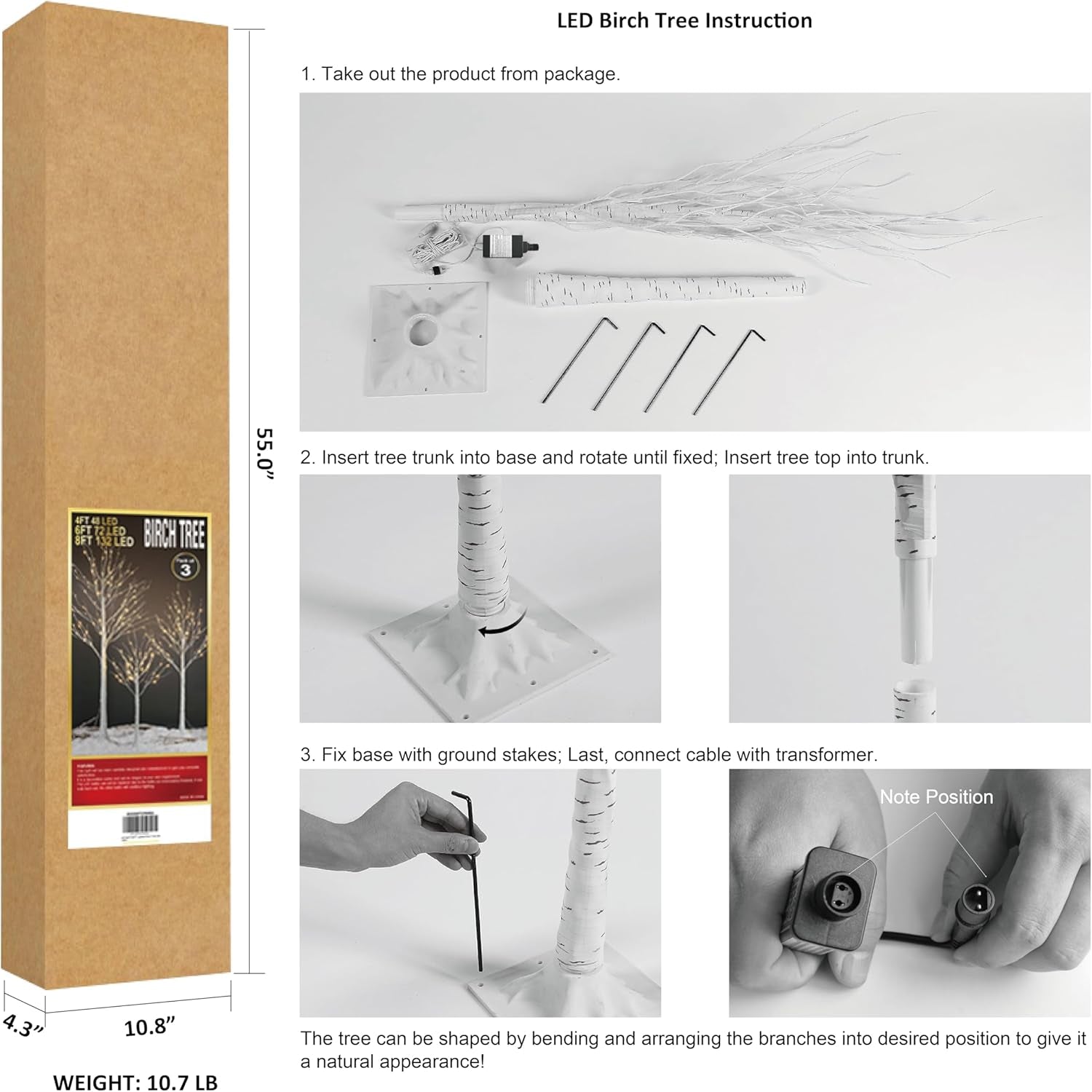 LED Birch Tree Light Set - 4Ft, 6Ft, 8Ft Trees with Warm White Lights - Indoor Outdoor Christmas Wedding Party Decorations (3-Pack)