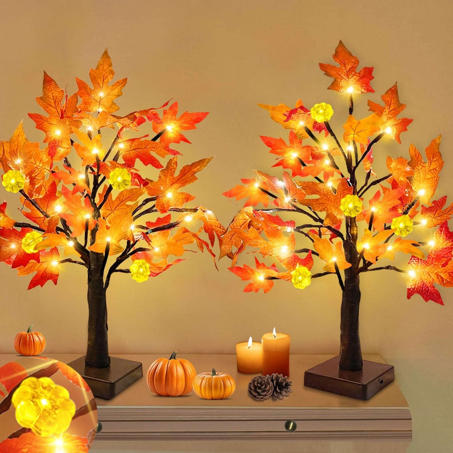 Fall Decor 2 Pack 18 Inch Prelit Fall Maple Tree 48 Leds Timer