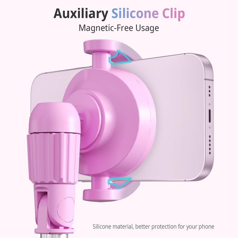 Ubeesize 62'' Magnetic Tripod for Iphone with Remote Extendable Cell Phone Stand Compatible Magsafe Selfie Stick for Iphone 15 14 13 12 11 Series & Android Phones Pink Aluminum Portable Compact Bluetooth Clip - Smartphone