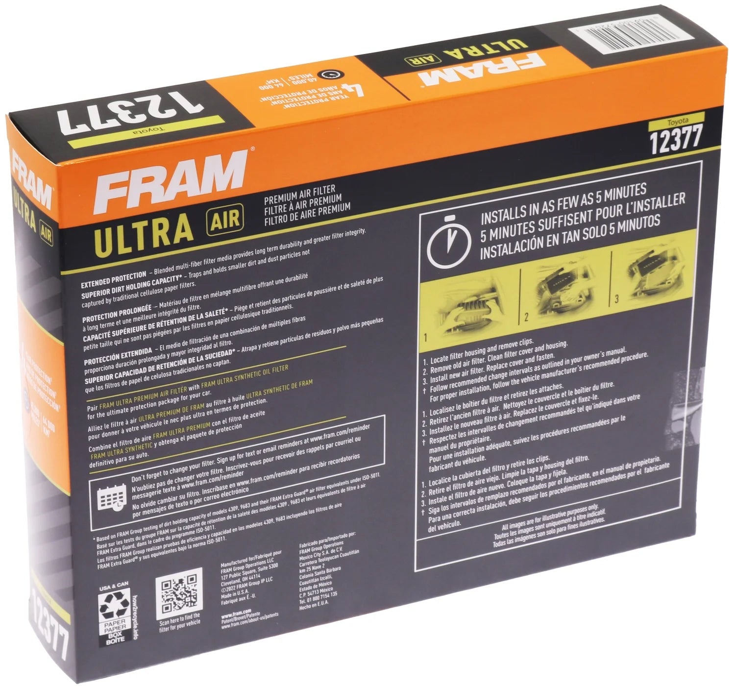 Ultra Air 12377, Premium Engine Air Filter, Replacement Filter for Lexus and Toyota Vehicles Fits Select: 2019-2023 TOYOTA RAV4, 2018-2023 TOYOTA CAMRY