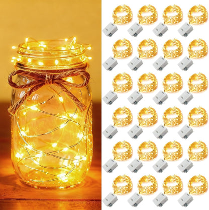 24 Pack Fairy Lights Battery Operated [3 Modes] 7Ft 20 LED Mini Twinkle String Lights Waterproof Silver Wire Firefly Starry Lights for Wedding Party Mason Jars Christmas Decorations, Warm White