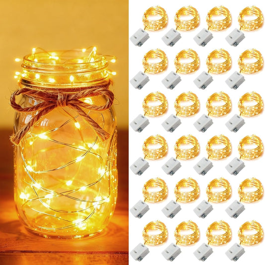 24 Pack Fairy Lights Battery Operated [3 Modes] 7Ft 20 LED Mini Twinkle String Lights Waterproof Silver Wire Firefly Starry Lights for Wedding Party Mason Jars Christmas Decorations, Warm White