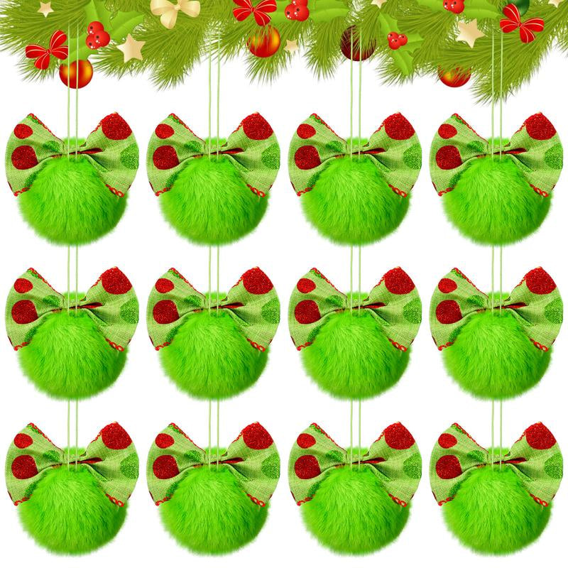 Christmas Ball Ornaments Set for Xmas Tree, Green Christmas Monster Decorations, Shatterproof Glittering Hanging Xmas Balls, Funny Lime Green Furry Christmas Decor, Cute Hanging Ornament with Red Bow, Holiday Party Home Wall Decor, Christmas Gifts
