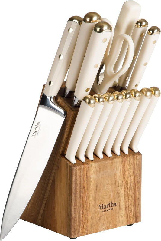 16 Piece Lockton High Carbon Stainless Steel Cutlery Kitchen Knife Block Set W/ABS Tripe Riveted Forged Handle Acacia Wood Block - Linen White W/Gold
