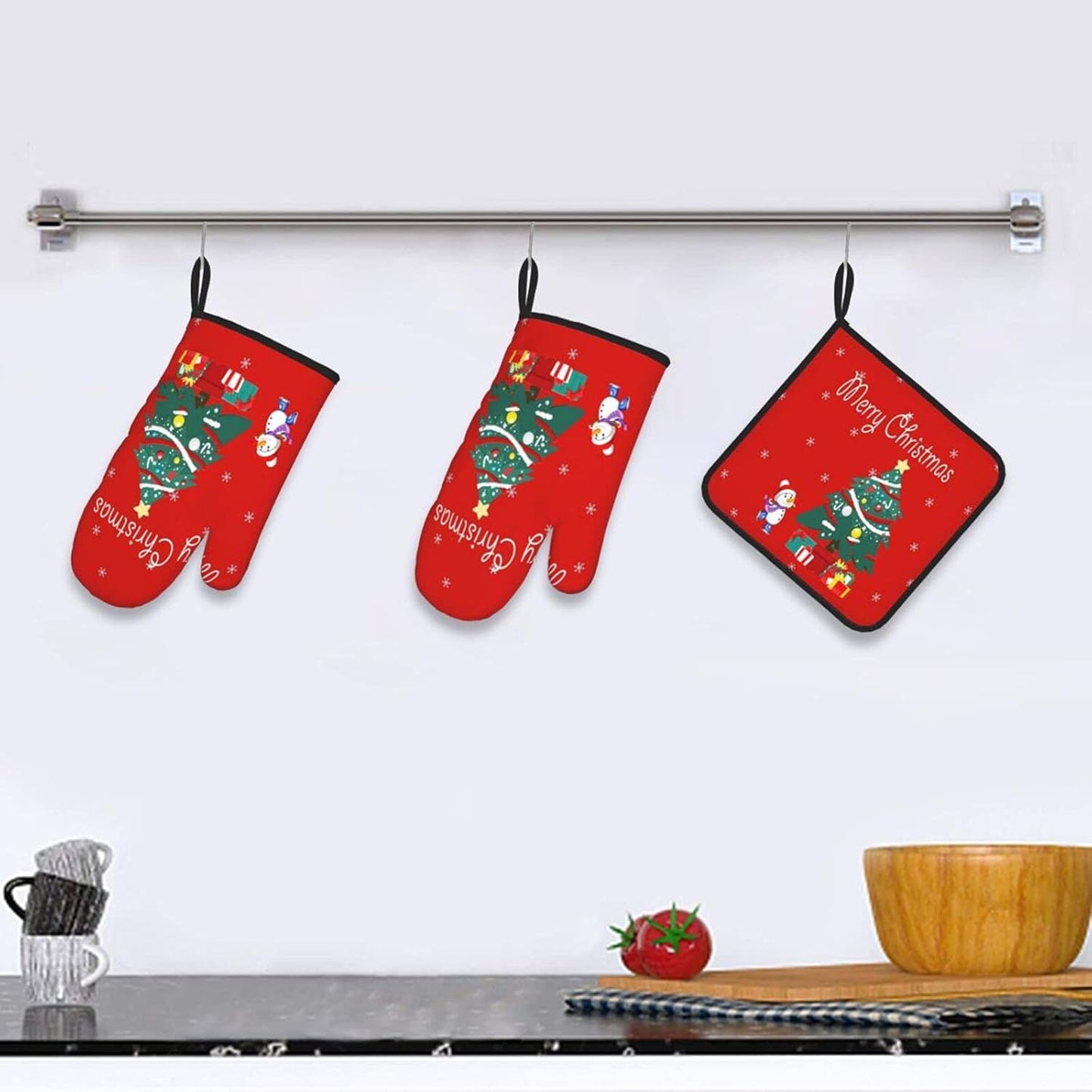 Winter Tree Oven Mitts - and Pot Holder Gloves Women Men Safe Cooking Oven Gloves for BBQ Cooking Housewarming Kitchen Decoration（ Red Oven Mitts Set Red）