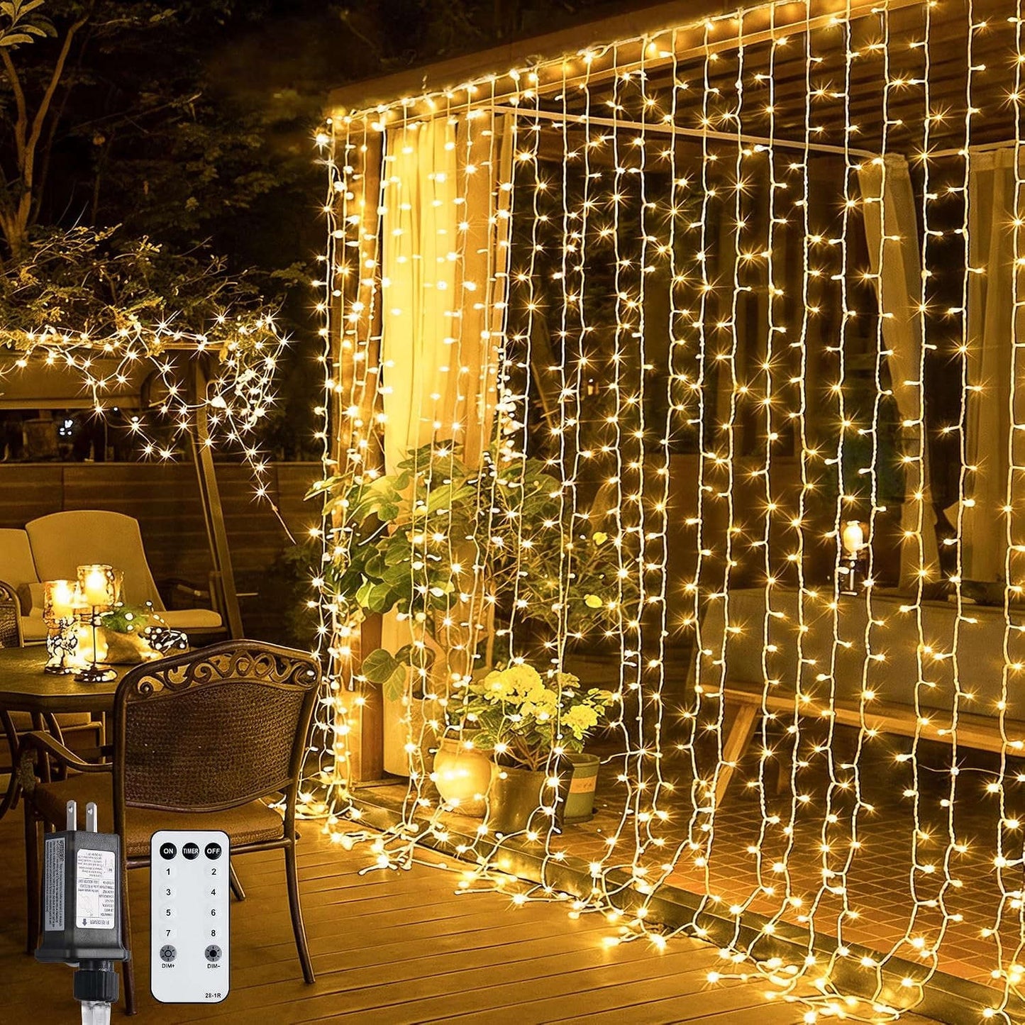 300 LED Remote Control Curtain Lights, Plug in Fairy Curtain Lights Outdoor, Window Wall Hanging String Lights for Bedroom Indoor Dorm Backdrop Wedding Party Patio Christmas Decor, Warm White