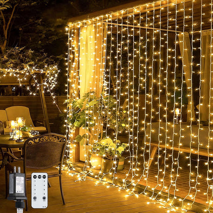 300 LED Remote Control Curtain Lights, Plug in Fairy Curtain Lights Outdoor, Window Wall Hanging String Lights for Bedroom Indoor Dorm Backdrop Wedding Party Patio Christmas Decor, Warm White