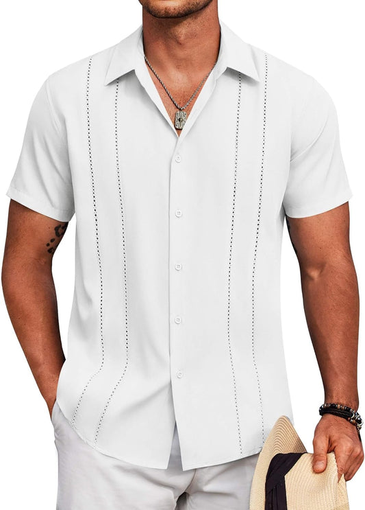 Mens Cuban Guayabera Shirt Short Sleeve Button down Shirts Summer Beach Vacation Shirts