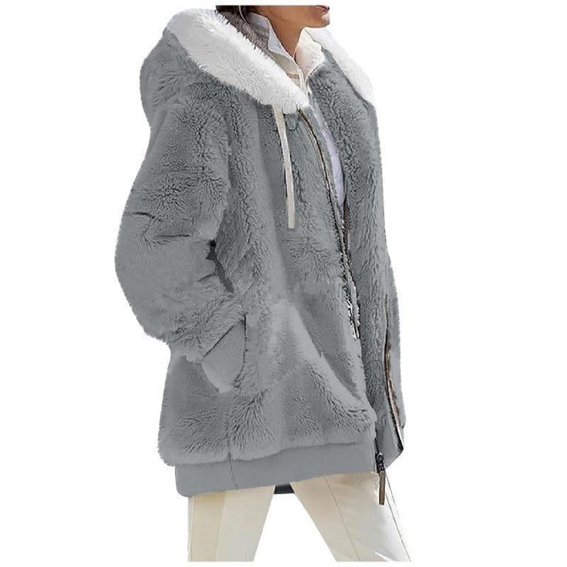 Autumn Winter Women'S Loose Plush Long-Sleeved Zipper Pocket Hooded Warm Coat Womenswear Jackets Tops Underwear Lady Comfort Long Sleeve Outerwear Longsleeves Fitted Basic Casual Basic Casual Minimalist