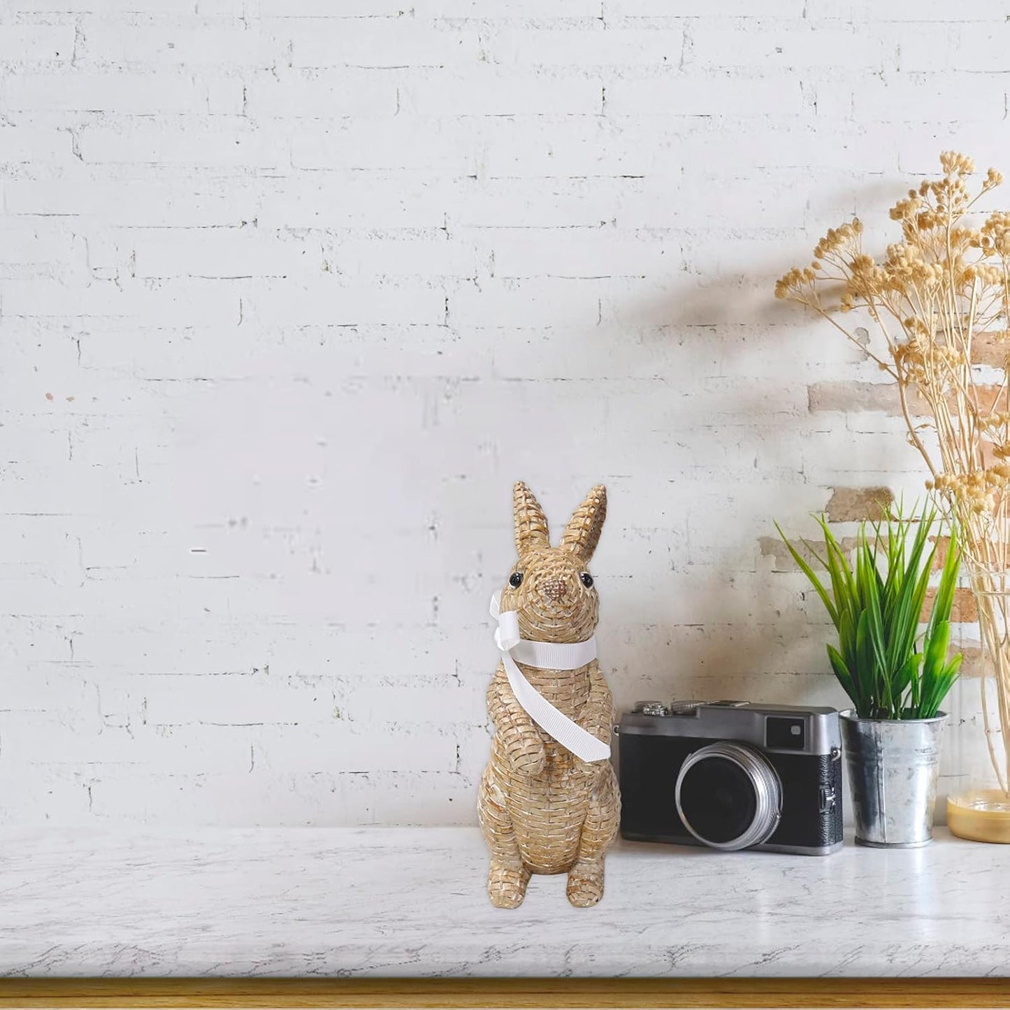 Rattan Rabbit Woven Rabbit Bow Resin Ornaments for Home Courtyard Lawn Tabletop and Easter Decoration to Enhance the Easter Atmosphere Preferred Easter Gifts (8.1In Brown Station)